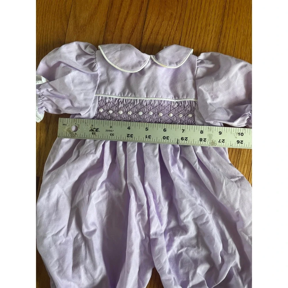 Vintage Lavender Smocked Bubble‎ Romper Peter Pan Collar Eyelet Lace Trim Purple
